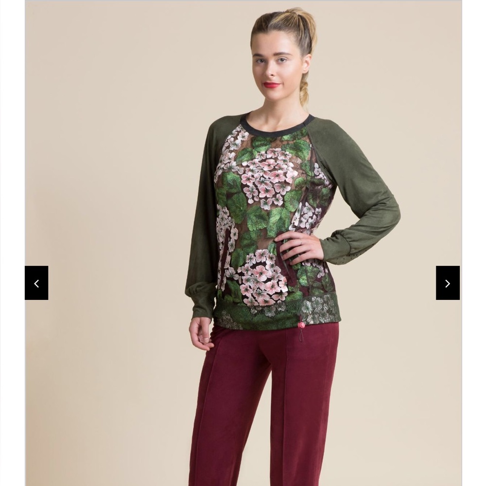 Byron Lars Bouquet Lace & Vegan Suede Green Pink Long Sleeve Top M